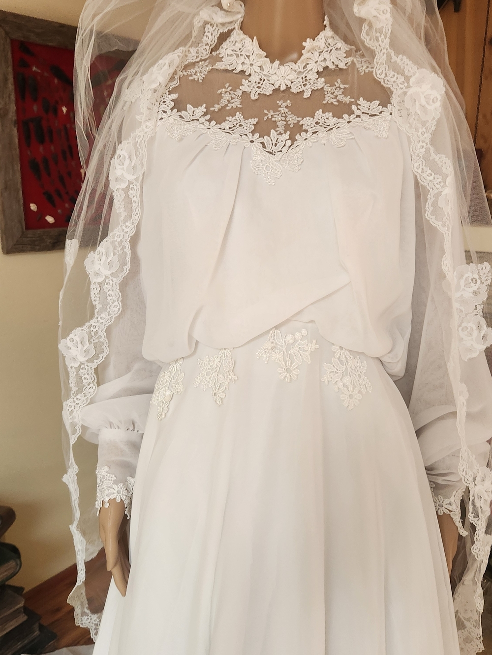 Vintage 1970s Boho Lace Wedding Gown & Juliet Cap Set | ILGWU Made - Picture 4 of 16